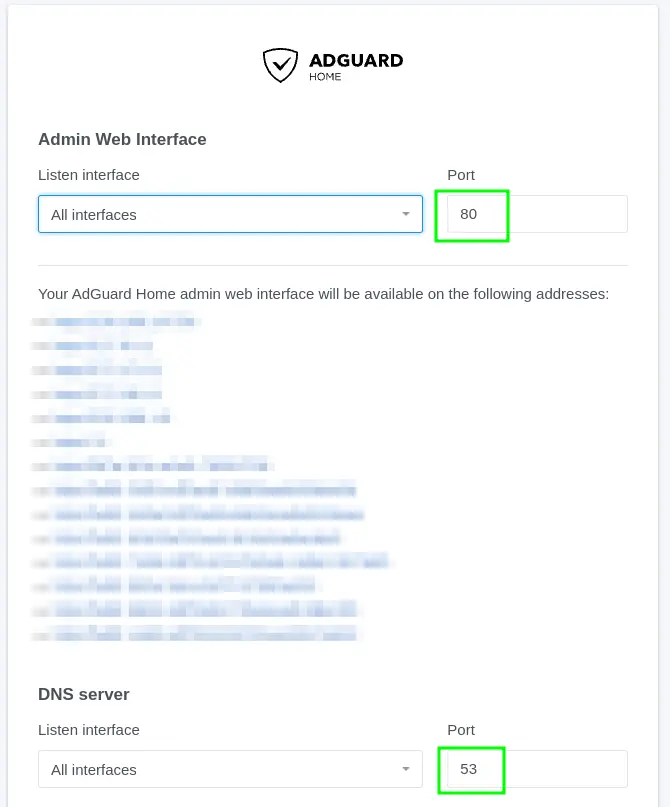 adguardhome impostazione porta web ui