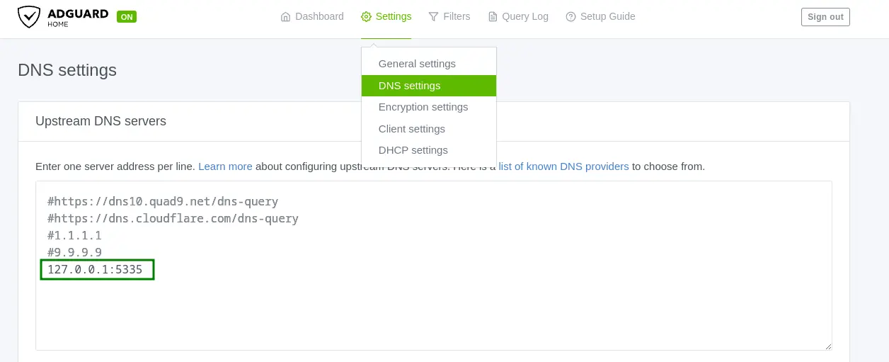 Configurazione DNS resolver in AdGuard Home