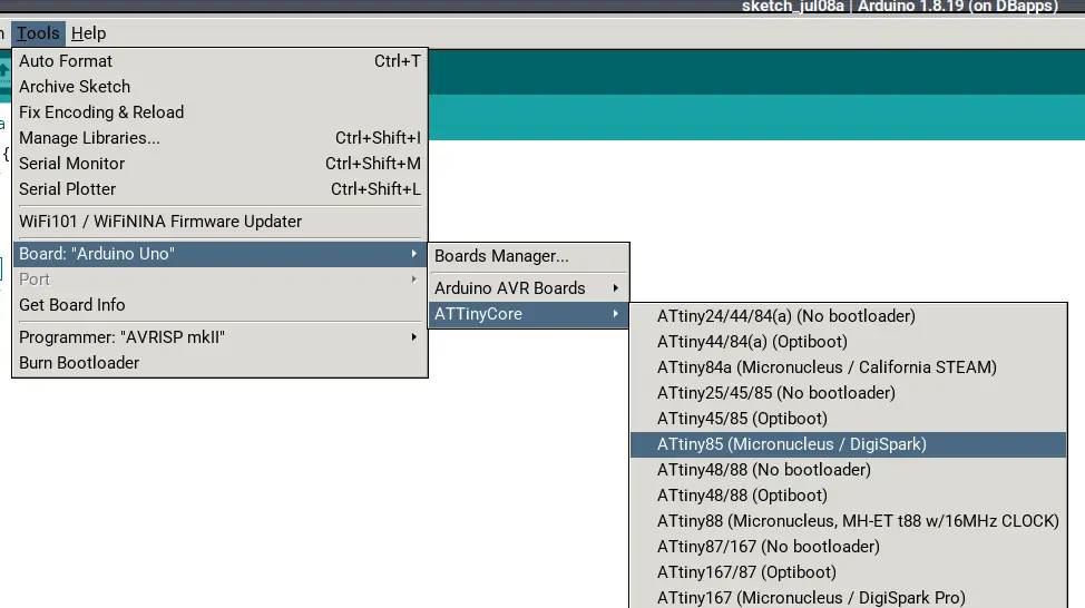 Arduino selezione attiny85