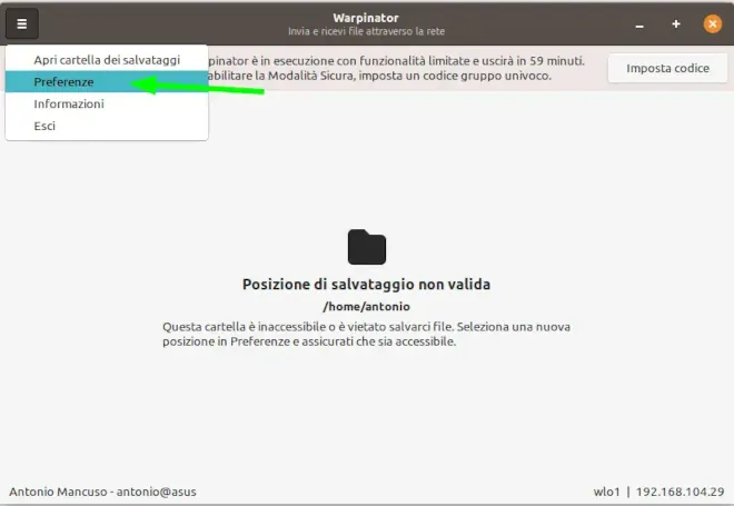 Preferenze di Warpinator