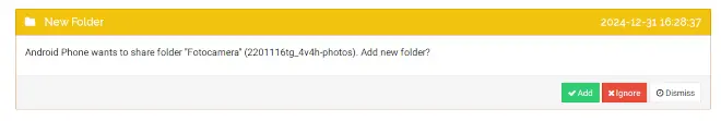 Notifica di richiesta di condivisione della cartella Fotocamera sul Raspberry Pi in Syncthing Notifica di condivisione cartella in Syncthing sul Raspberry Pi