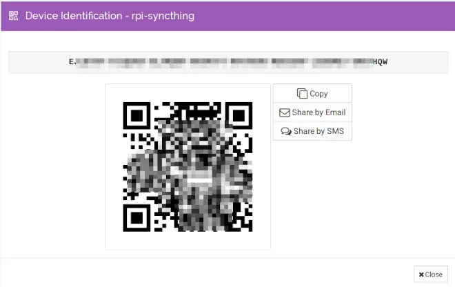 QR code di identificazione in Syncthing QR code identificativo di Syncthing sul Raspberry Pi