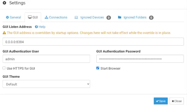 Finestra Settings di Syncthing, tab GUI, per configurare username e password Finestra Settings di Syncthing, tab GUI, per configurare username e password