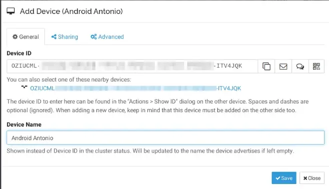 Schermata di aggiunta dispositivo remoto in Syncthing