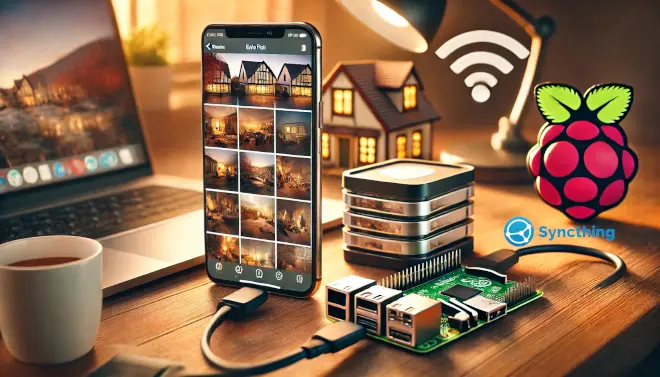 Un Raspberry Pi collegato a un hard disk esterno su una scrivania, con uno smartphone che sincronizza automaticamente le foto tramite Syncthing. Rappresenta una soluzione per il backup sicuro delle foto senza utilizzare servizi cloud di terze parti.
