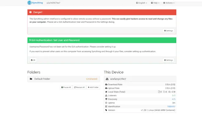 Syncthing Home Page Primo Accesso